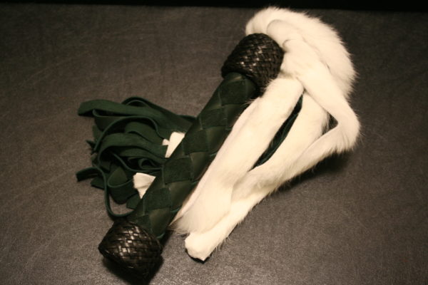 Tahoe Green Leather and White Rabbit Fur Flogger
